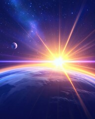 Wall Mural - radiant sunrise over earth with moon in the cosmic sky, vibrant colors, celestial glow, breathtaking