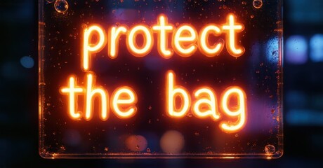Fototapete - Bright neon sign displays text protect the bag. Dark background creates dramatic lighting effect. Focus is message itself.