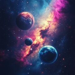 Wall Mural - cosmic symphony of celestial bodies planets and nebula in vibrant hues of blue pink and orange again