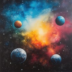 Wall Mural - cosmic canvas revealing celestial bodies in a vibrant nebula of orange blue and red hues creating a 