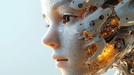 Aufkleber - A child's face, merging with intricate robotic mechanics.  A futuristic,  human-AI hybrid