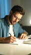 © BB Motion - A focused man writes in a notebook at a desk, illuminated by warm light, showcasing a moment of creativity and concentration.