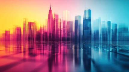 Aufkleber - Vibrant city skyline reflected in water, abstract urban scene