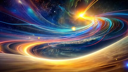 Wall Mural - Colorful streaks of light dance across a cosmic canvas, swirling around celestial spheres in a breathtaking symphony of color and motion.