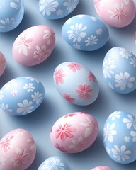 Wall Mural - pastel easter eggs with floral design on light blue background a celebration of spring holiday seaso