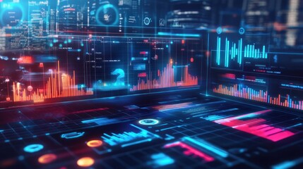 Fototapete - Complex data visualizations on multiple interconnected screens