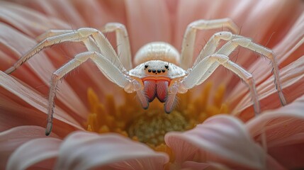 A white crab spider rests on the soft petals of a delicate pink flower, in close-up.