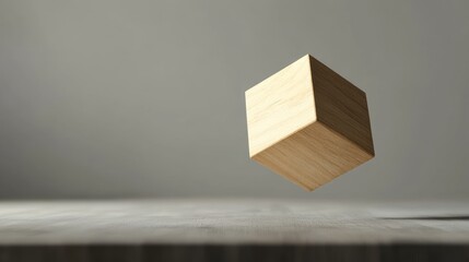 Poster - Light beige wooden cube floats in the air