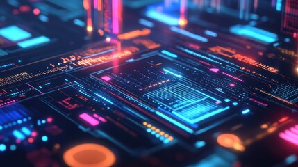 Poster - Abstract digital circuit board with vibrant glowing neon lights