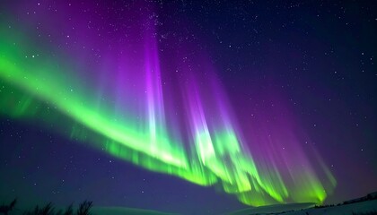 a glowing aurora borealis background stretching across a starry night sky with vibrant green and pur
