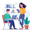 © MDSIAM - man sitting at his desk working on laptop, with woman standing near him holding phone, designed in flat style vector