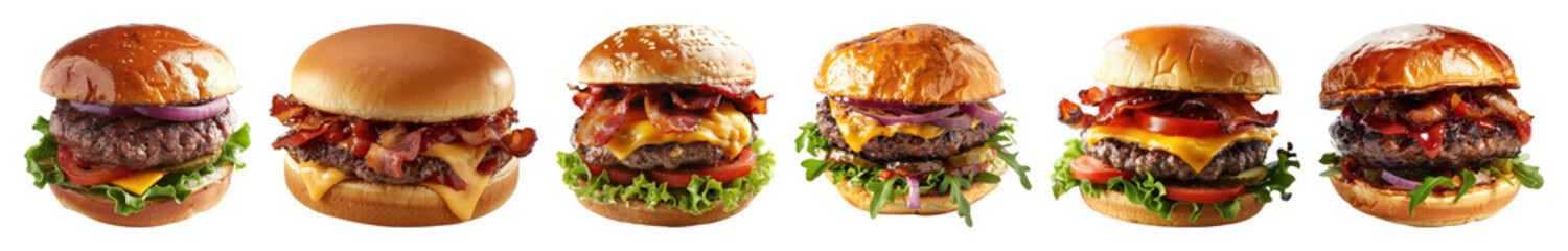 PNG Delicious gourmet burgers variety, element set on transparent background