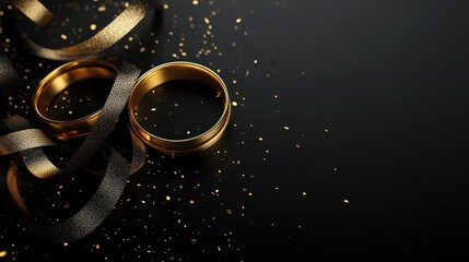 Wall Mural - golden light rings with ribbons on black background