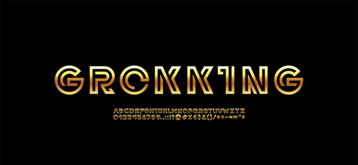 Wall Mural - technology golden font, digital cyber alphabet made future space style, gold letters a, b, c, d, e, 