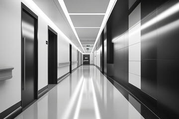  Bright and clean hospital hallway with white walls, benches, and modern lighting