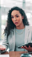 Fototapete - Business, presentation and woman with tablet, speaker and ideas for proposal in meeting and investment. Corporate, investor and people with tech for research, digital and pitch for project in office