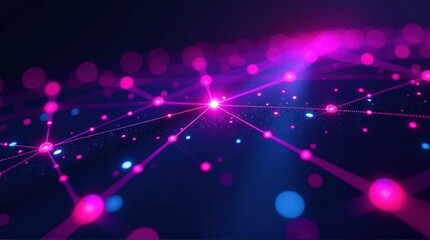 Wall Mural - futuristic neon network background with glowing pink and blue nodes.