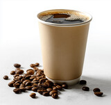 Disposable paper coffee cup with coffee beans on white background