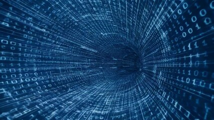 Digital tunnel illusion with binary code blue vortex effect in abstract technology background