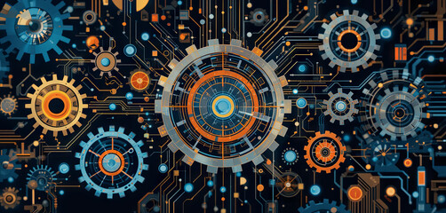 Complex designs of gears and circuits interweave in a vibrant array of colors, showcasing a futuristic theme with precision and creativity, ideal for technology enthusiasts