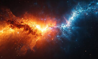 Wall Mural - stunning cosmic clash of fiery orange and cool blue nebulae swirling in deep space