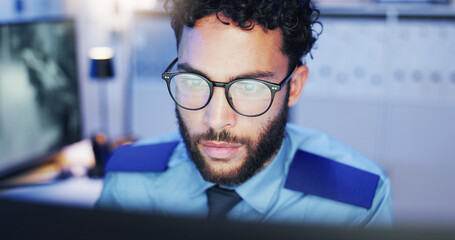 Poster - Watching, footage or security guard with computer, man or monitoring of danger, night or safety. Late shift, law enforcement or person with glasses in control room, protection or tech for observation