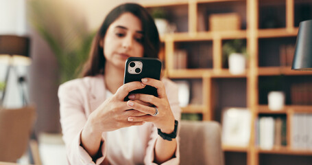 Poster - Phone, search and business with woman in home office for government lawyer, federal justice policy and networking. State prosecutor, typing and political administration with person and online review