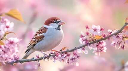 Naklejka na meble Sparrow Perched on a Branch of Delicate Pink Blossoms,A charming bird perched on a blooming branch, surrounded by vibrant pink flowers, showcasing the beauty of nature in spring,
