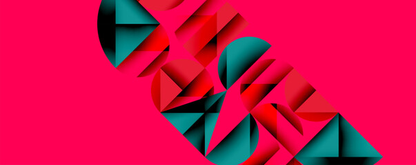 Poster - Abstract geometric shapes overlap, creating dynamic composition. Red, teal colors contrast against vibrant pink background. Modern design.