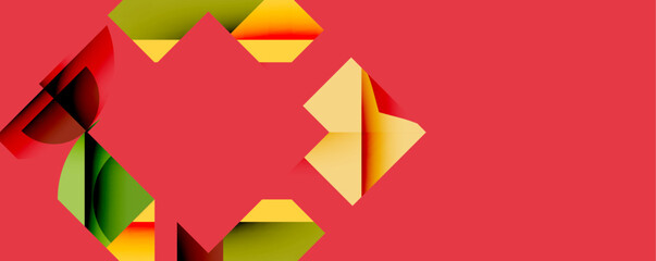 Poster - Abstract geometric shapes overlap, creating dynamic composition. Red background emphasizes layered forms, yellow, green hues present.