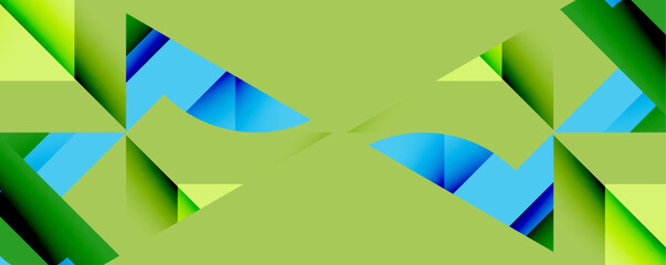 Leinwandbilder - Abstract geometric pattern. Green background features blue, yellow shapes. Symmetrical design creates modern visual effect.