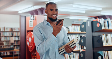 Poster - Man, phone and books with recording at library with voice notes, contact or happy with studying at college. African person, university student and smile for memo, reminder or scholarship for learning