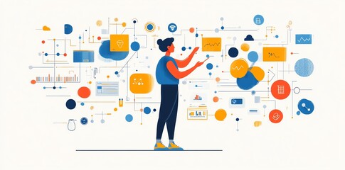 person interacting with vibrant data network: a modern flat design