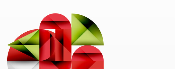 Leinwandbilder - Abstract geometric composition. Red, green shapes overlap, creating dynamic visual effect. Minimalist design, clean lines present.