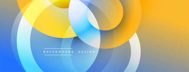 Fototapete - Abstract circles overlap, creating vibrant gradients. Blue, yellow, orange hues blend smoothly. Modern design element for backgrounds.