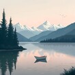 © Arafat106 - Serene landscape with a paper boat sailing on a tranquil lake surrounded by snow-capped mountains under a pale sky a lo