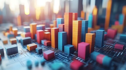 Colorful abstract cityscape with vibrant buildings and digital grid background at sunset