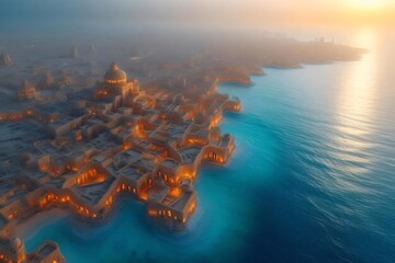 Aufkleber - オレンジ色の光に照らされた古代都市の海岸線 夕焼け時の海と建物の美しい風景