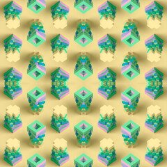 Fototapete - Digital illustration shows vertical elements transitioning from cruciform shapes to hollow squares. Bright colors and symmetry emphasize the minimalist and orderly aesthetic. 3d rendering