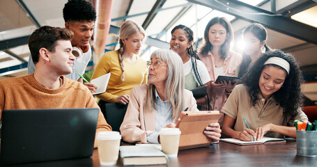 Poster - Education, students and lecturer with tablet, talking and info for assignment in classroom and group. Happy, teacher and mature woman with advice for project, people and notes with tech in university