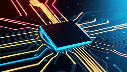 Abstract digital circuit design with vibrant neon color and glowing lines against a dark background