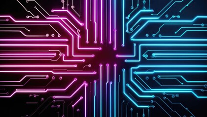 Abstract digital circuit design with vibrant neon color and glowing lines against a dark background
