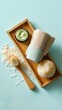 © Nunthaphuk - foot care branding scene A serene spa setup featuring natural beauty products, towels, and a wooden tray, perfect for relaxation and self-care routines in a calming environment.