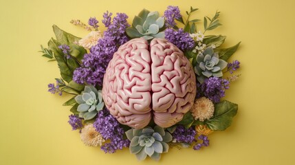 Wall Mural - 3D half-brain with floral element isolated background. World Mental Health Day