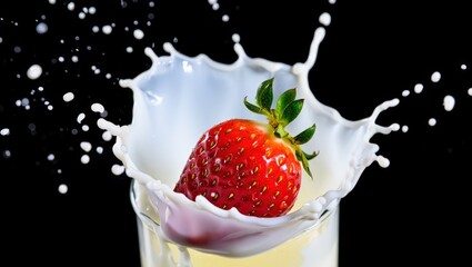 Fototapete - A strawberry in milk being poured from a glass into another glass.