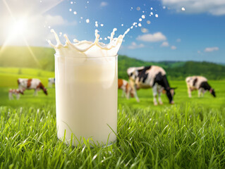 Fototapete - A glass of milk being poured from a carton onto grass, with cows grazing in the background under a blue sky.