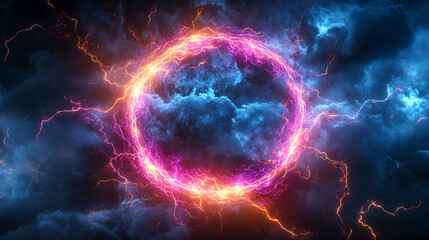 Wall Mural - Dramatic electric storm portal with lightning strikes and dark cloudy sky creates an energetic science fiction or fantasy scene