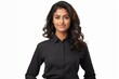 © hkjdesign - A confident young woman with long dark hair smiles gently while wearing a black collared shirt.