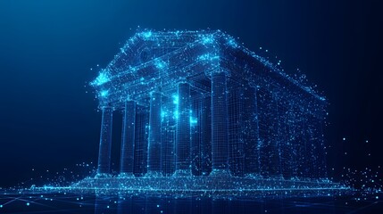 Aufkleber - Futuristic digital rendering of a classic temple, showcasing a blend of ancient and modern architecture. Abstract Digital low poly mesh wireframe connected lines dots stars in dark blue