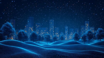 Poster - Futuristic night landscape featuring digital hills and glowing cityscape under a starry sky. Serene, otherworldly atmosphere with a pointillist style. Abstract wireframe in dark blue.